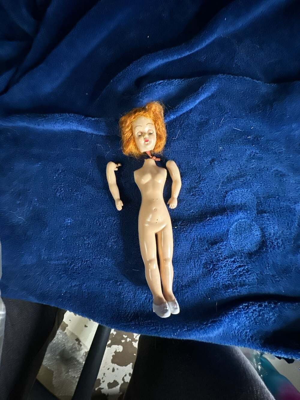 Vintage Mid-Century Hard Plastic Doll with Red Hair and Detached Arms